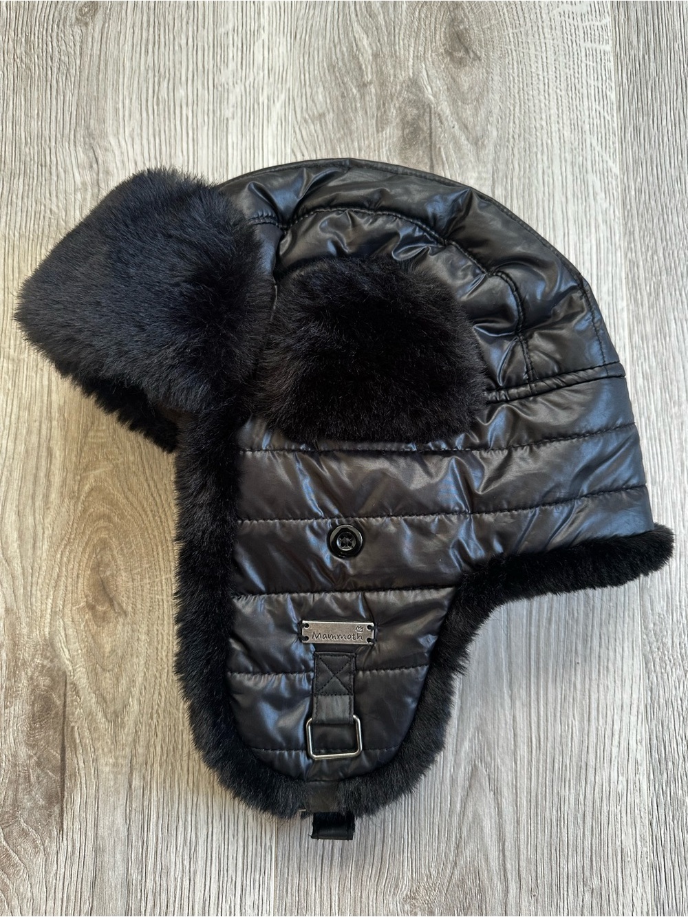 Quilted Trapper Hat Black Faux Fur Fleece-Lined Mammoth Mountain Ski Resort OS